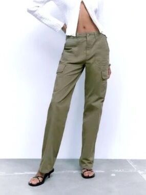Zara Woman’s Cargo Pant Back Cinch Mid Rise Reg Length Size 2 Green Camo NWT